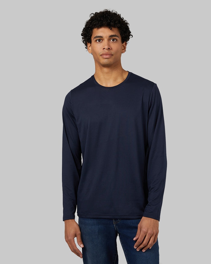 32 Degrees Navy_ Men's Cool Long sleeve T-shirt {model: Isaiah is 6'1", wearing size M}{bottom}{right} {bottom}{right}