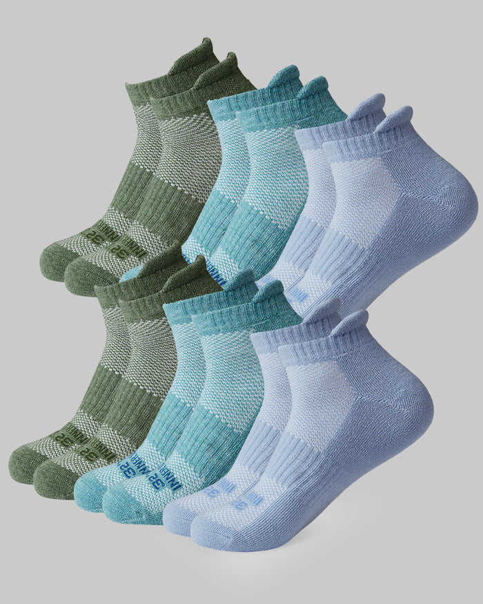 32 Degrees Blue Bell Heather/ Haze Blue Heather/Forest Fog Heather _ Men's 6-Pack Cool Comfort Ankle Running Socks {bottom}{right}