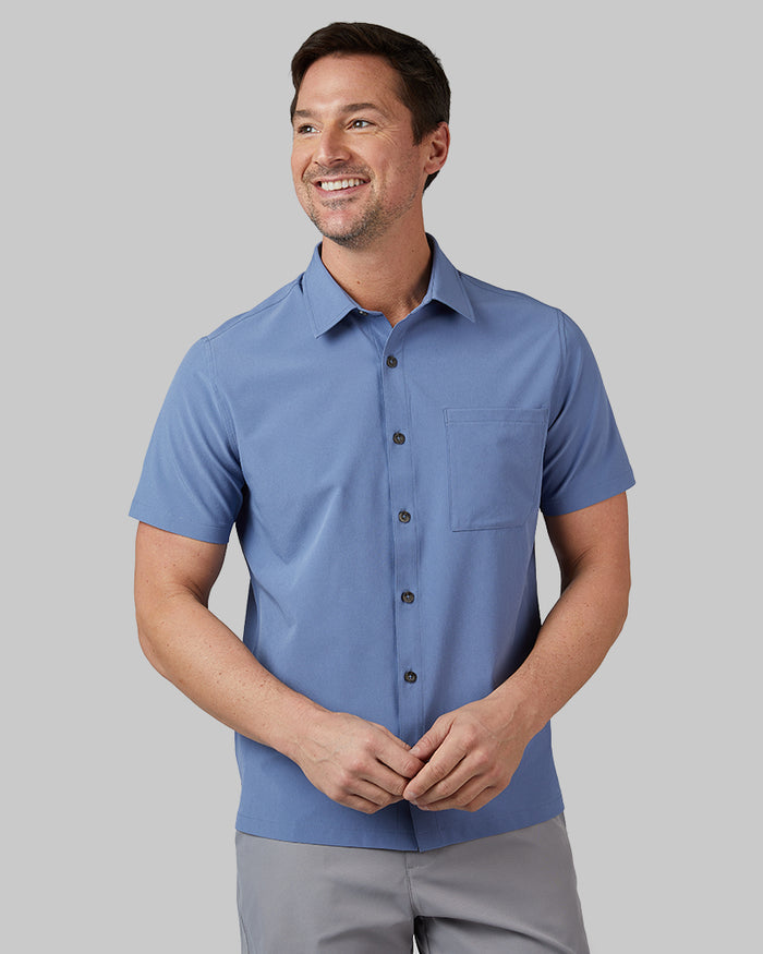 32 Degrees Harbor Blue _ Men's Casual short sleeve Dress shirt {model: Andrew is 6'2", wearing size M}{bottom}{right} {bottom}{right}