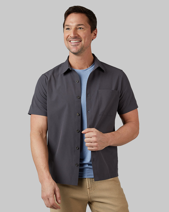 32 Degrees Iron _ Men's Casual short sleeve Dress shirt {model: Andrew is 6'2", wearing size M}{bottom}{right} {bottom}{right}