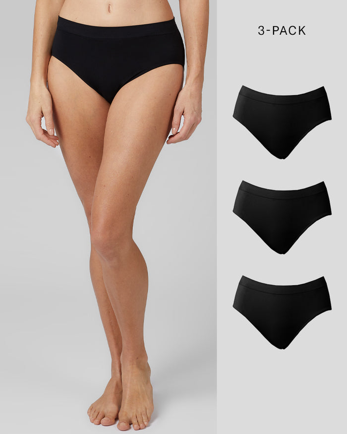 32 Degrees Tan _ Women's 3-Pack seamless stretch Comfort Brief {model: Sandrine is 5'9"and size 4, wearing size S}{bottom}{right} {bottom}{right}