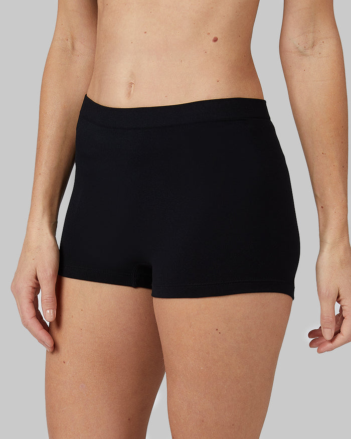 32 Degrees Black _ Women's 3-Pack seamless stretch Comfort Boy short {model: Sandrine is 5'9"and size 4, wearing size S}{bottom}{right} {bottom}{right}