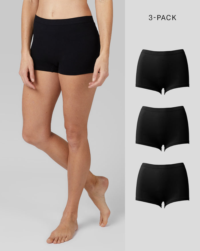 32 Degrees Black _ Women's 3-Pack seamless stretch Comfort Boy short {model: Sandrine is 5'9"and size 4, wearing size S}{bottom}{right} {bottom}{right}