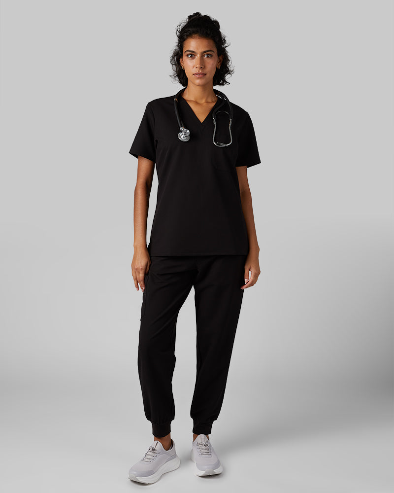 32 Degrees Black _ Womens 1-Pocket V-Neck scrub Top {model: Arantza is 5