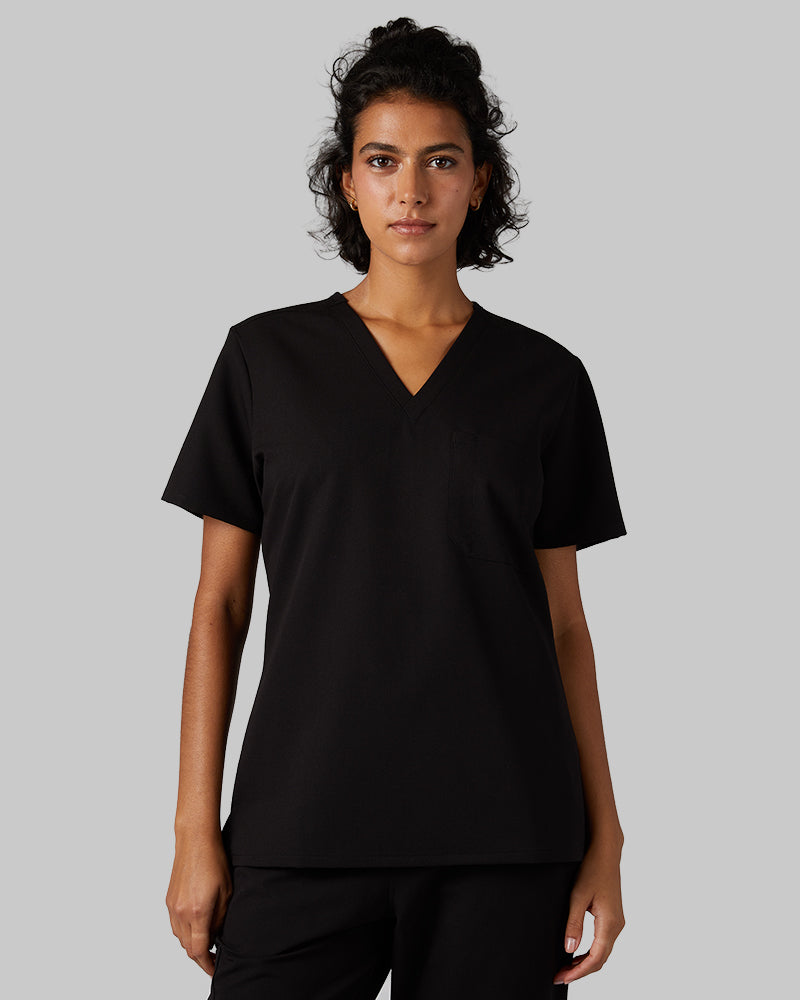 32 Degrees Black _ Womens 1-Pocket V-Neck scrub Top {model: Arantza is 5
