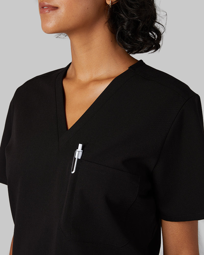 32 Degrees Black _ Womens 1-Pocket V-Neck scrub Top {model: Arantza is 5