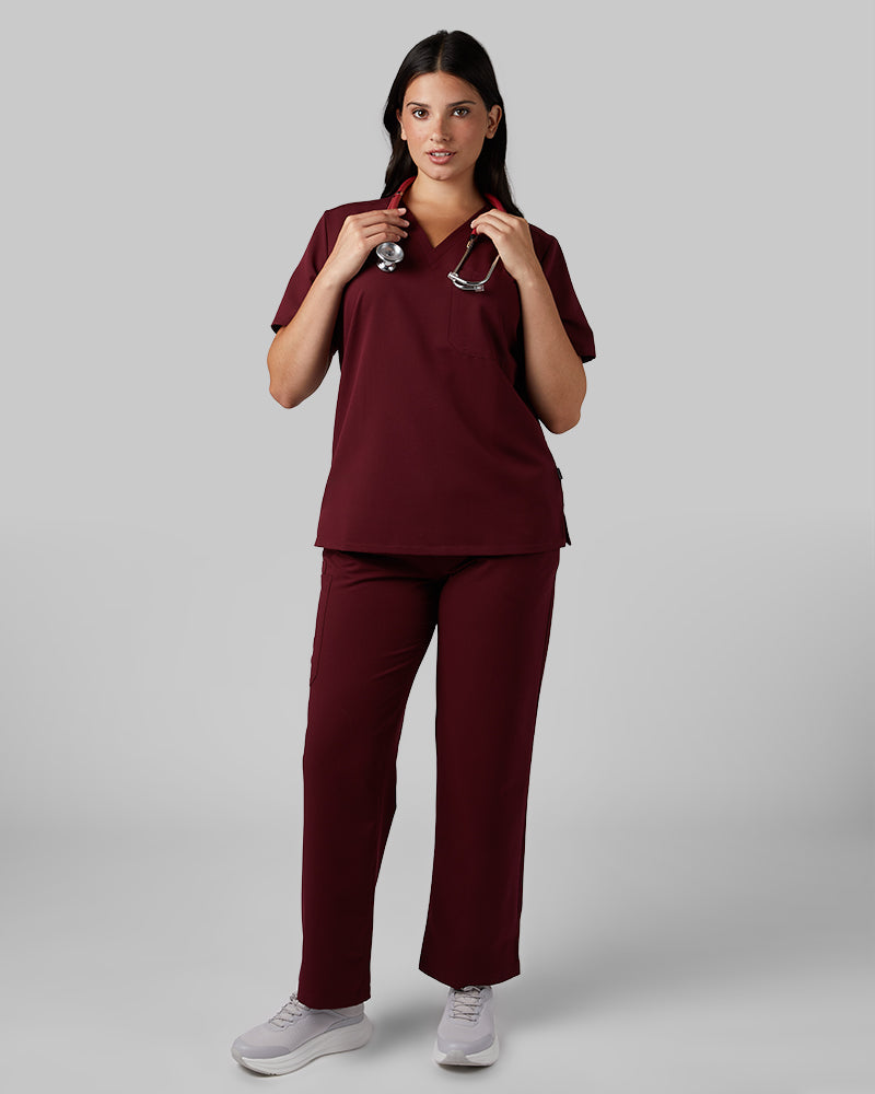 32 Degrees Burgundy _ Womens Cargo scrub Pants {model: Francesca is 5