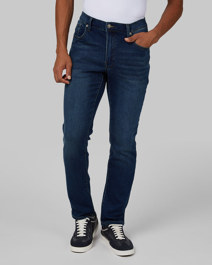 32 Degrees Dark Wash _ Men's Stretch Comfort "Sweatpant" Jean {model: Anthony is 6'0", wearing size M}{bottom}{right} {bottom}{right}