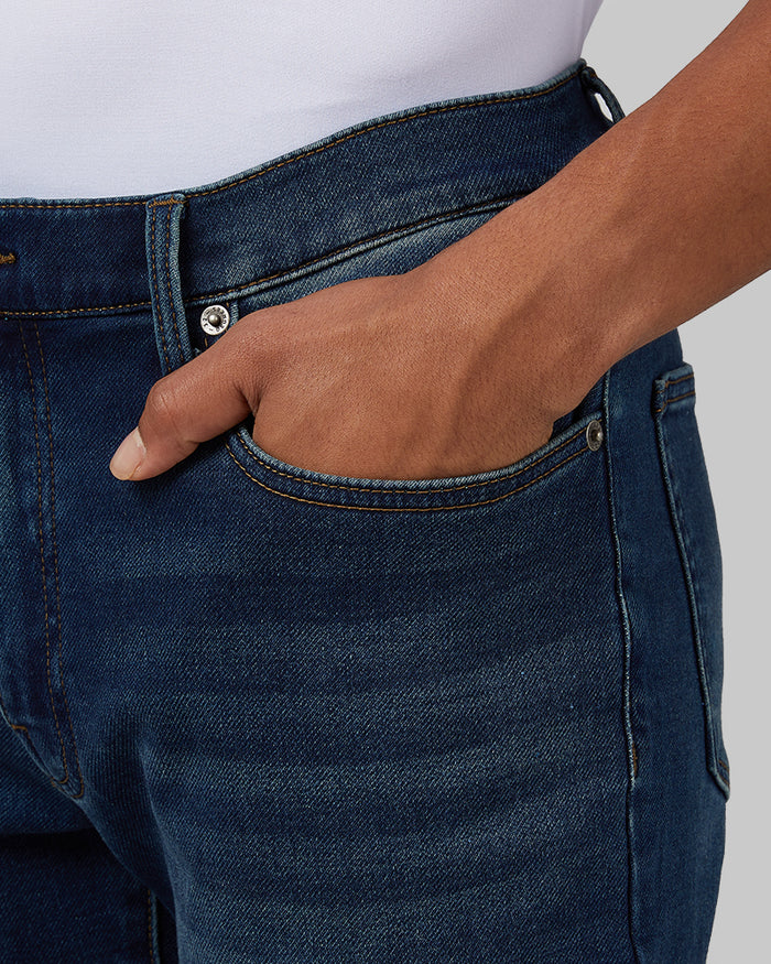 32 Degrees Dark Wash _ Men's Stretch Comfort "Sweatpant" Jean {model: Anthony is 6'0", wearing size M}{bottom}{right} {bottom}{right}