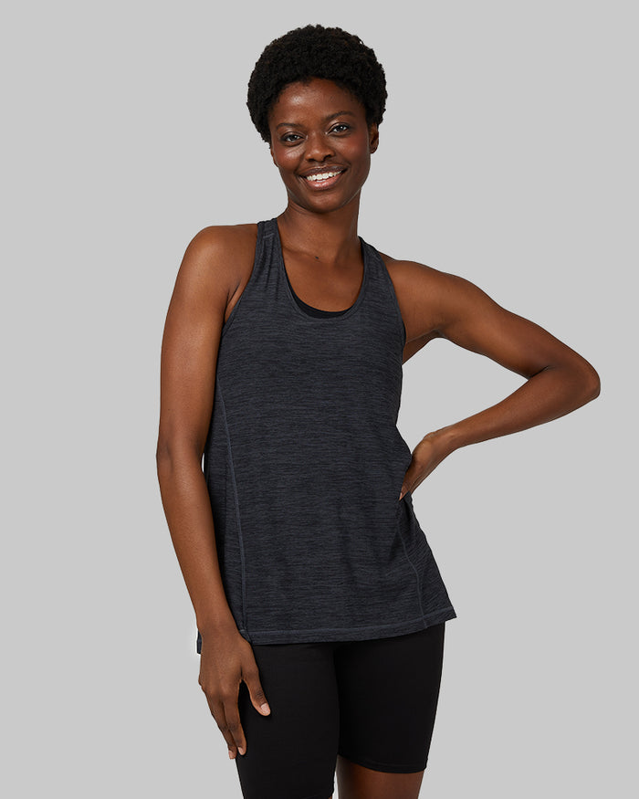 32 Degrees Black Space Dye _ Women's Cool Racerback Tank {model: Wemi is 5'10" and size 2-4, wearing size S}{bottom}{right} {bottom}{right}