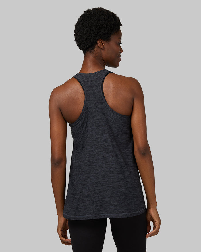 32 Degrees Black Space Dye _ Women's Cool Racerback Tank {model: Wemi is 5'10" and size 2-4, wearing size S}{bottom}{right} {bottom}{right}