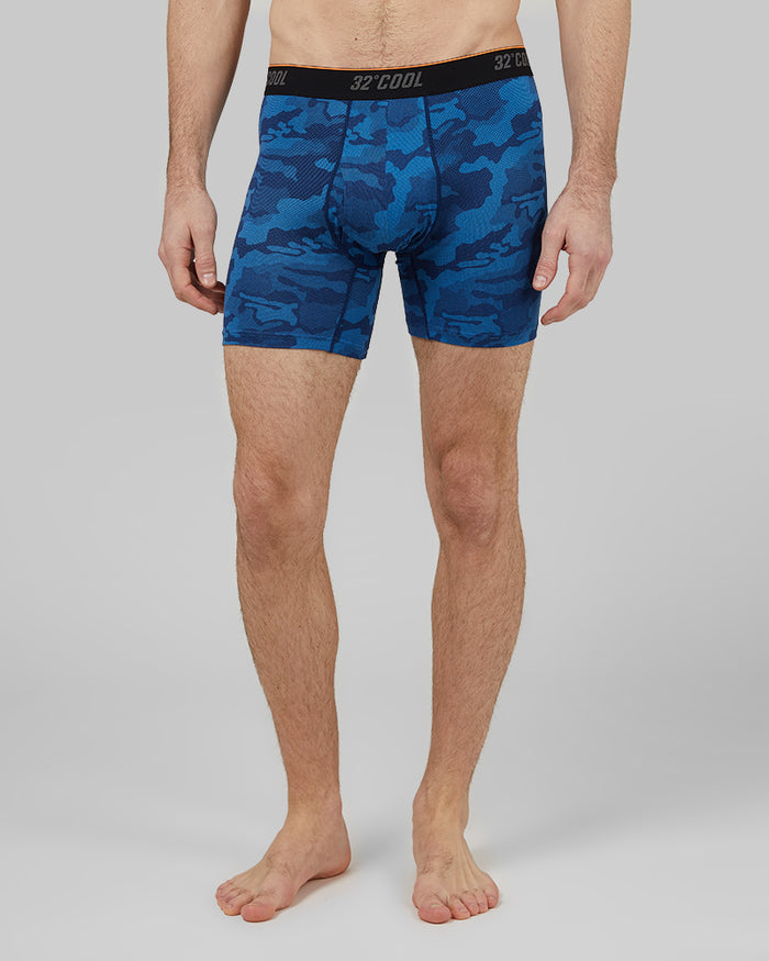 32 Degrees Sea Blue Camo _ Mens Cool Printed Active Boxer Brief {model: Ryan is 6'1", wearing size M}{bottom}{right} {bottom}{right}