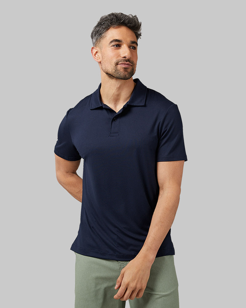 32 Degrees Navy _ Men's Cool Classic Polo  {model: Daniel is 6'2", wearing size M}{bottom}{right}
