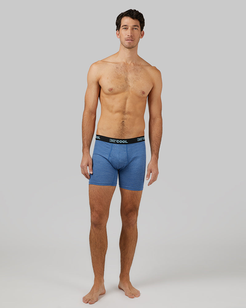 32 Degrees Royal Blue Heather _ Men's 4-Pack Cool Boxer Brief {model: Fran is 6'2", wearing size M}{bottom}{right} {bottom}{right}
