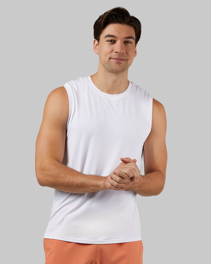 32 Degrees White _ Men's Cool Relaxed Tank {model: Zac is 6'3", wearing size M}{bottom}{right} {bottom}{right}