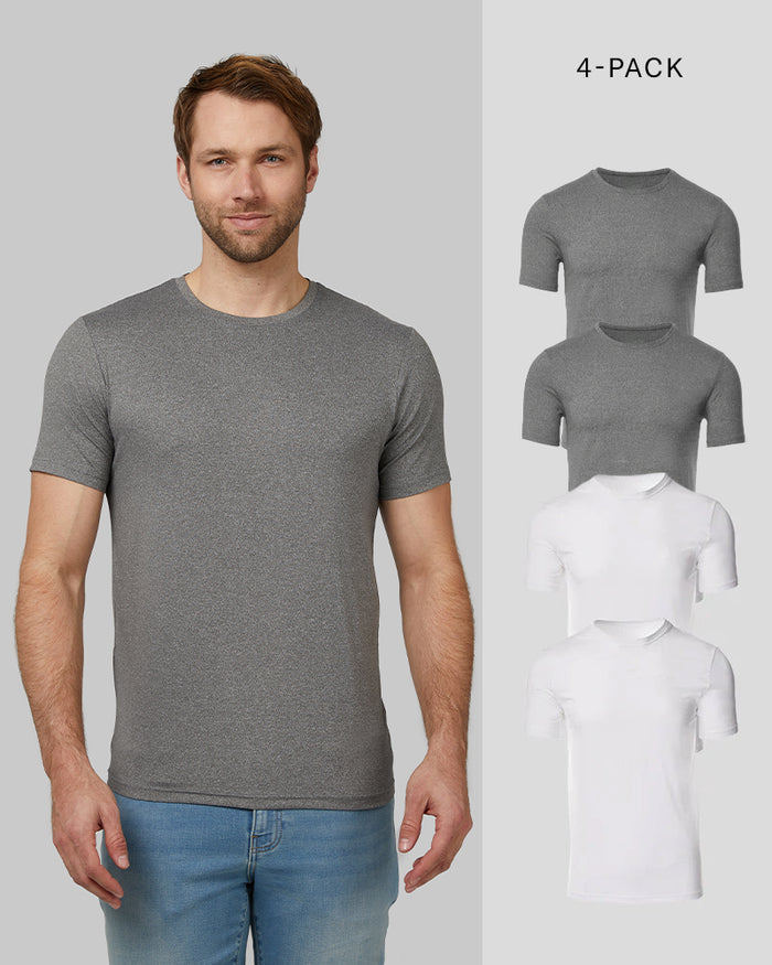 32 Degrees 2 White /2 Grey Heather _ Mens 4-Pack Cool Classic Crew Neck T-Shirt {model: Kacey is 6'2", wearing size M}{bottom}{right} {bottom}{right}