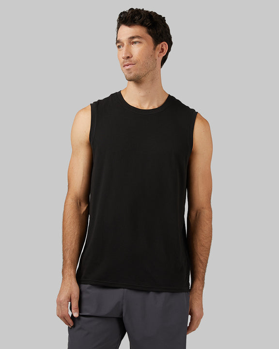 32 Degrees Black _ Men's Cool Relaxed Tank {model: Fran is 6'2", wearing size M}{bottom}{right} {bottom}{right}